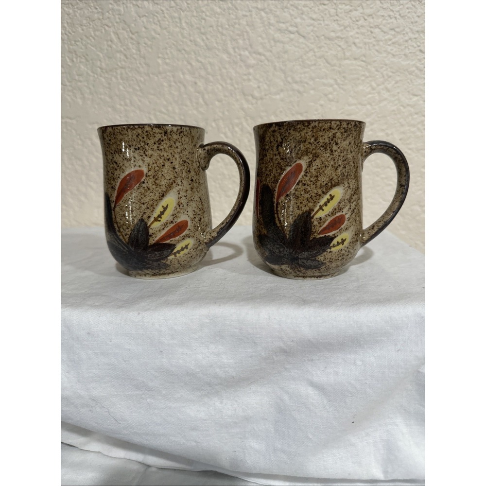 Two Leaf/ Feathers Speckled‎ Fall Vibes BROWN ORANGE YELLOW Stoneware Mugs